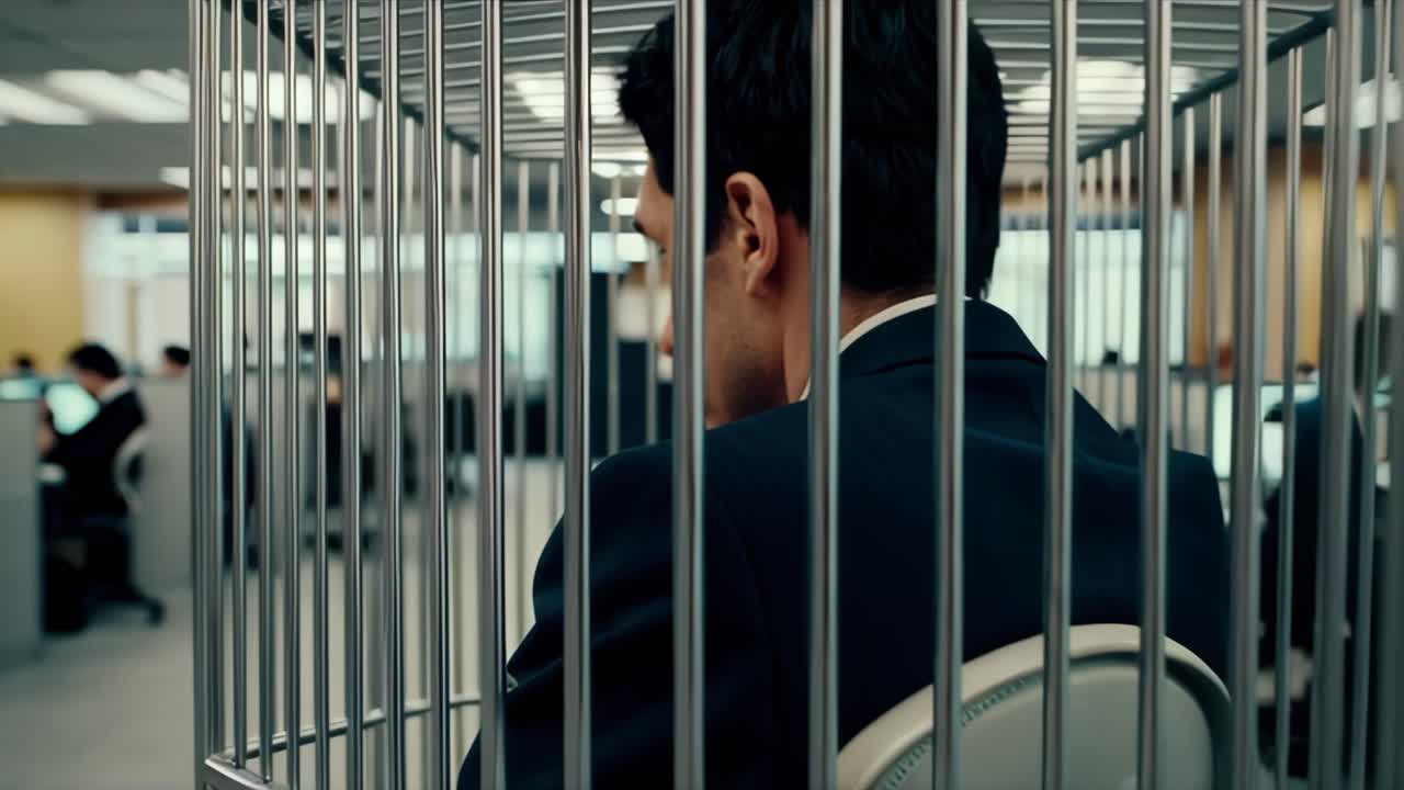 Office worker sitting in a cage at his desk in the office, experiencing stress, burnout, and lack of freedom, symbolizing difficult working conditions