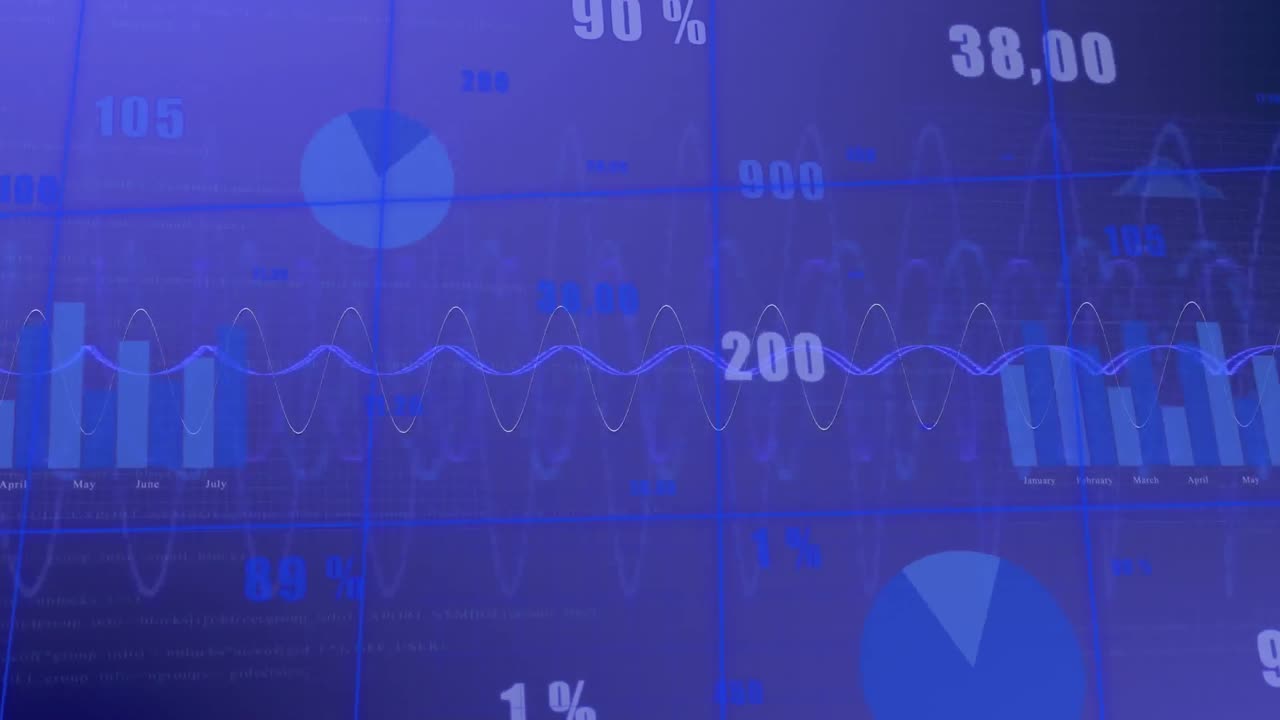 Animation of statistical data processing over grid network against blue background