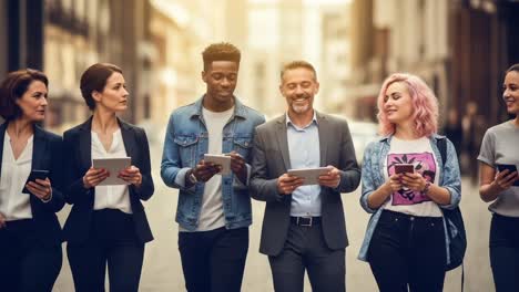 a diverse group of professionals engaging with technology while walking down a city street, displaying teamwork and modern communication