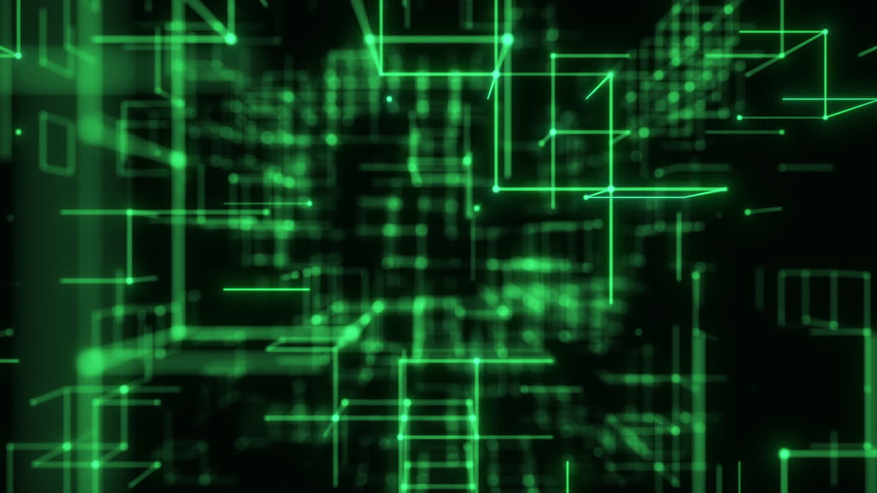 Green Neon Cubes in a High-Velocity Futuristic Wireframe Grid. Looped 3D rendering