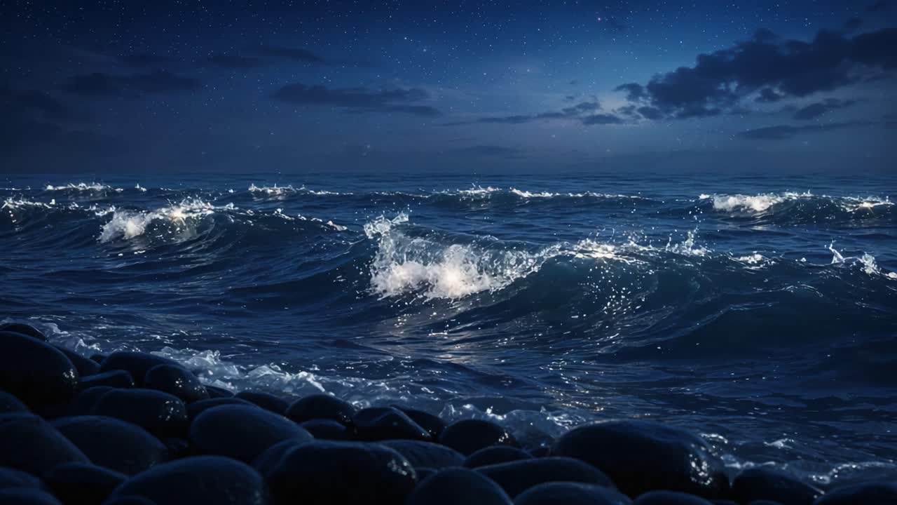 Captivating Night Seascape: A Tranquil View of Waves Glistening Under a Starry Sky, with Smooth Pebbles Lining the Shore and Soft Reflections from the Moonlight