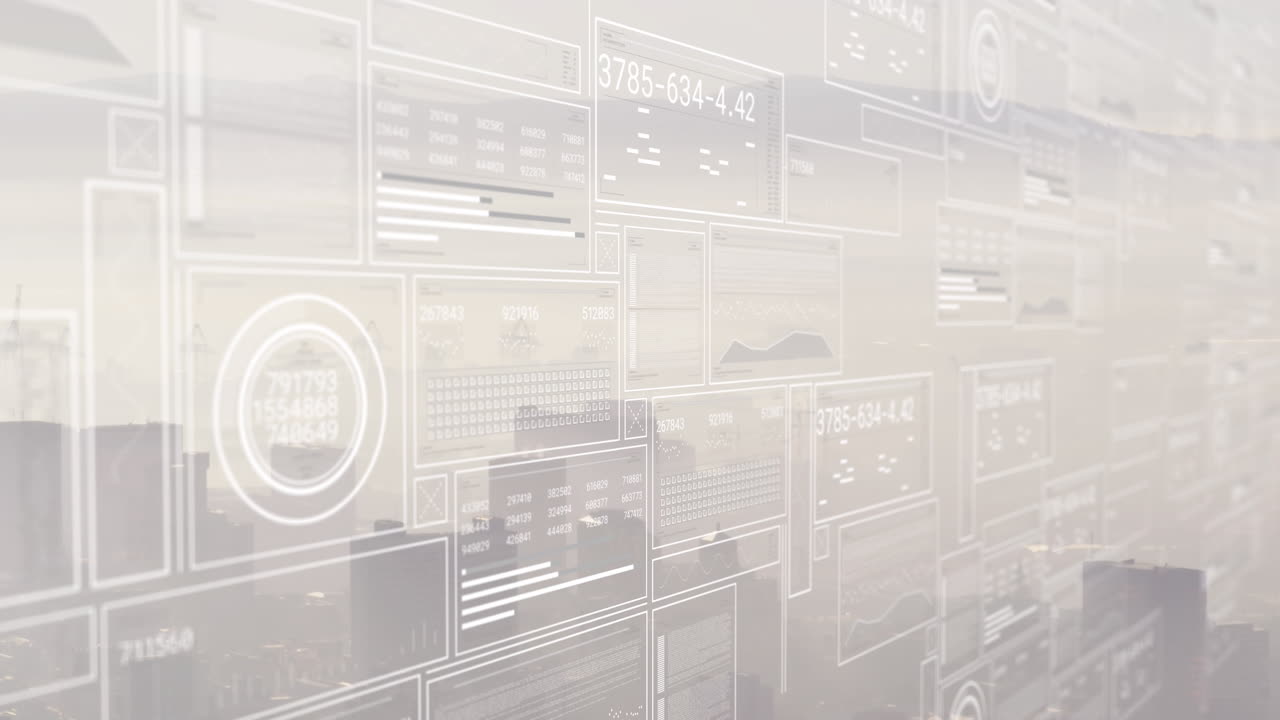 도시 풍경 위의 금융 데이터 처리 애니메이션