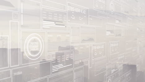animation of financial data processing over cityscape