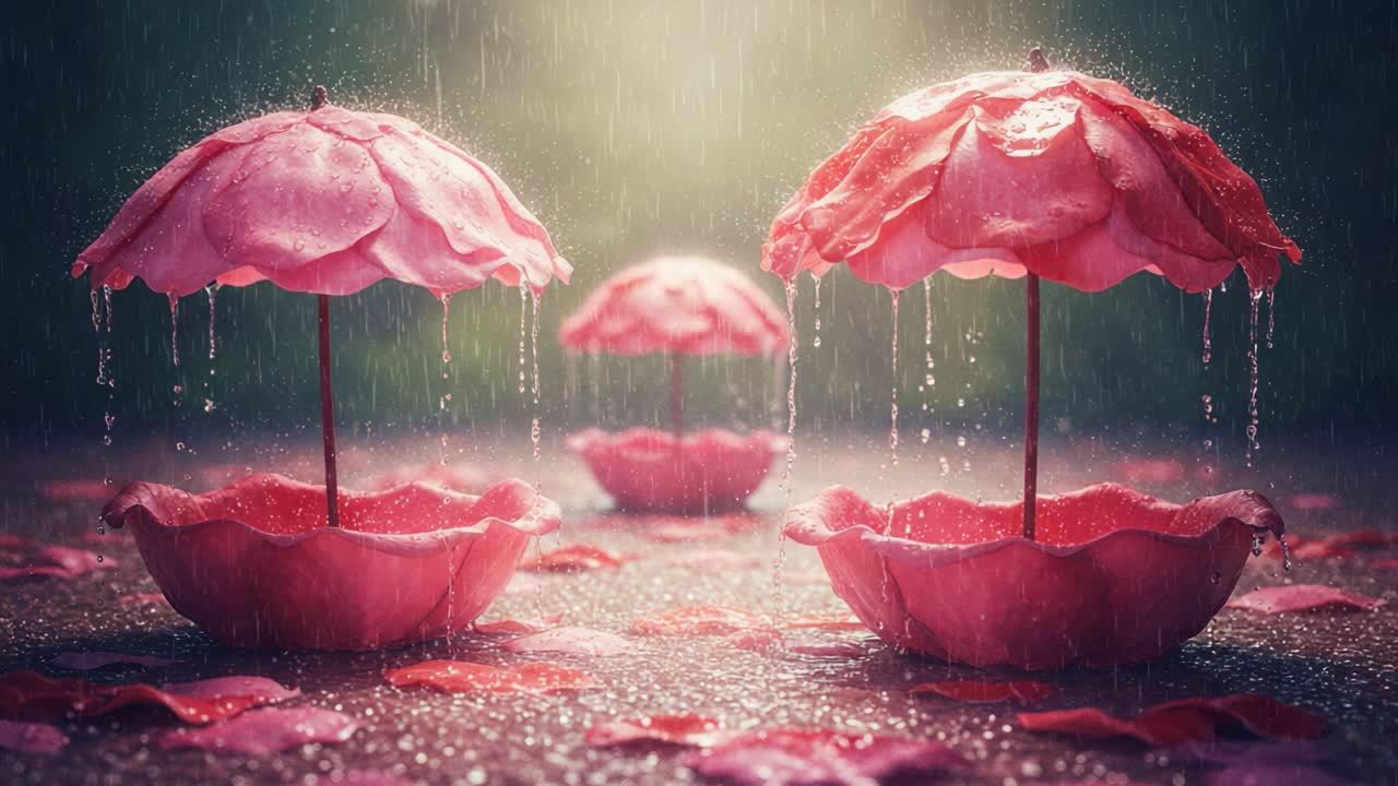 A Magical Scene of Pink Umbrellas and Petals Under Rain, Creating a Tranquil Atmosphere Filled with Beauty and Wonder in Nature's Embrace