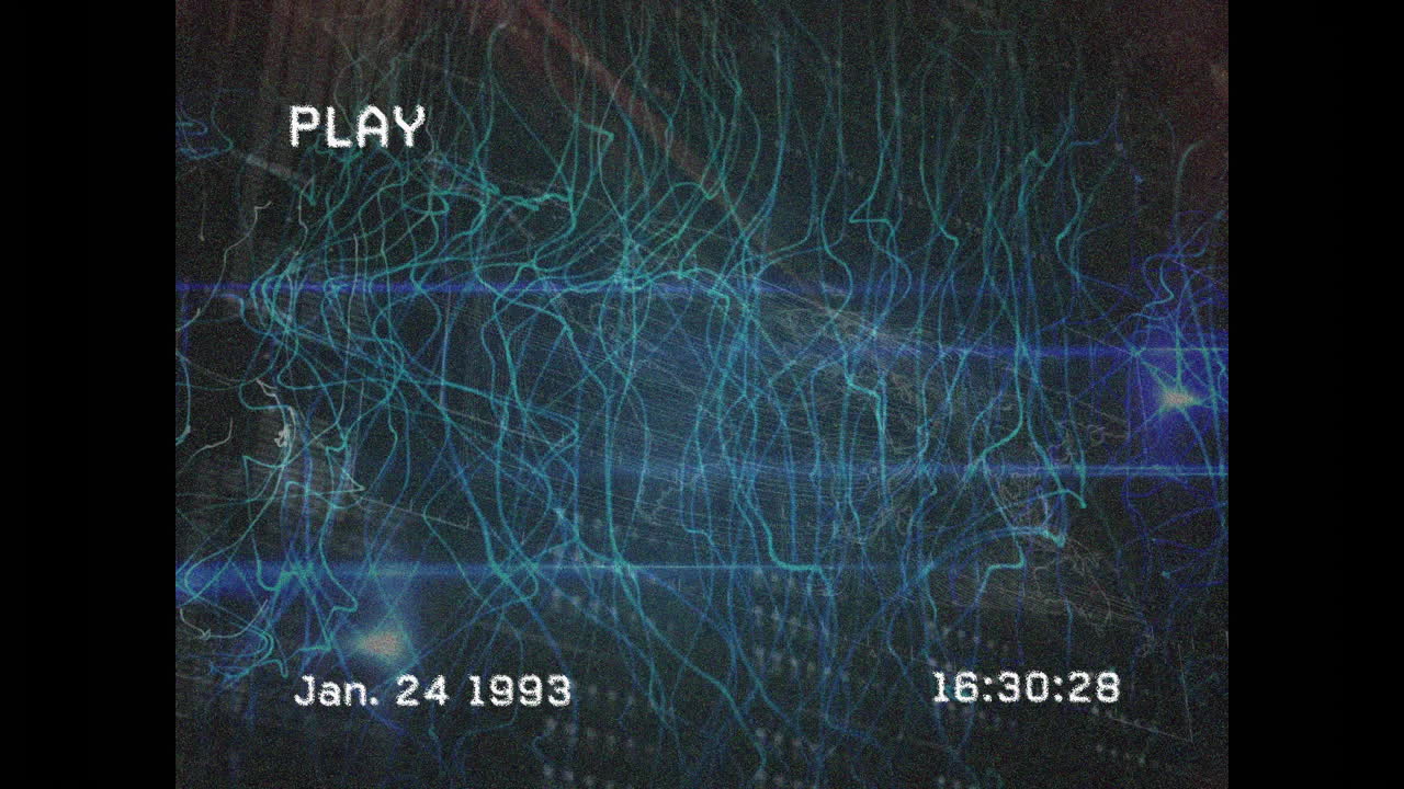 Animation of VHS-style overlay with blue light trails on dark background
