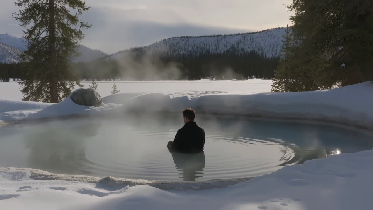 Man relaxing in a hot spring in winter