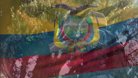 animación de la bandera de ecuador ondeando en un ángulo bajo vista de un soldado caucásico de pie con un arma
