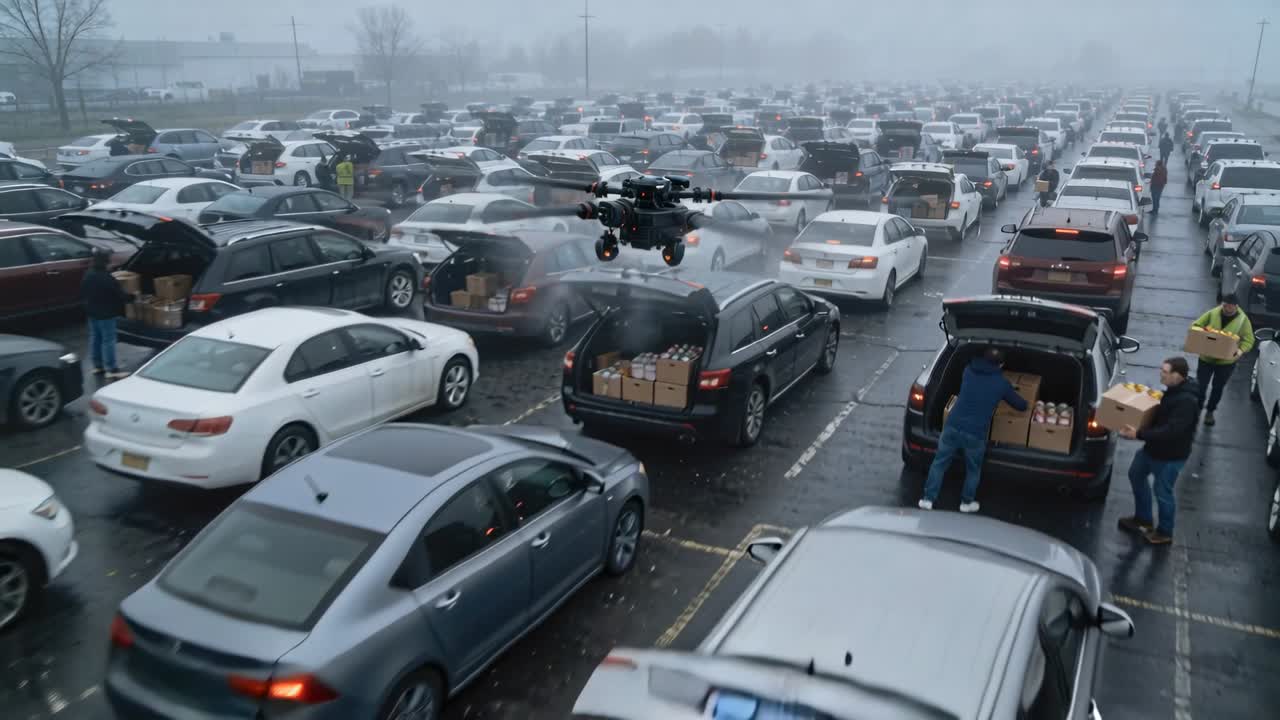 Teslimat dronu fırlatılıyor, otoparktaki bagajlara kutu taşırken, yelekli personel yardım malzemeleri yüklüyor.