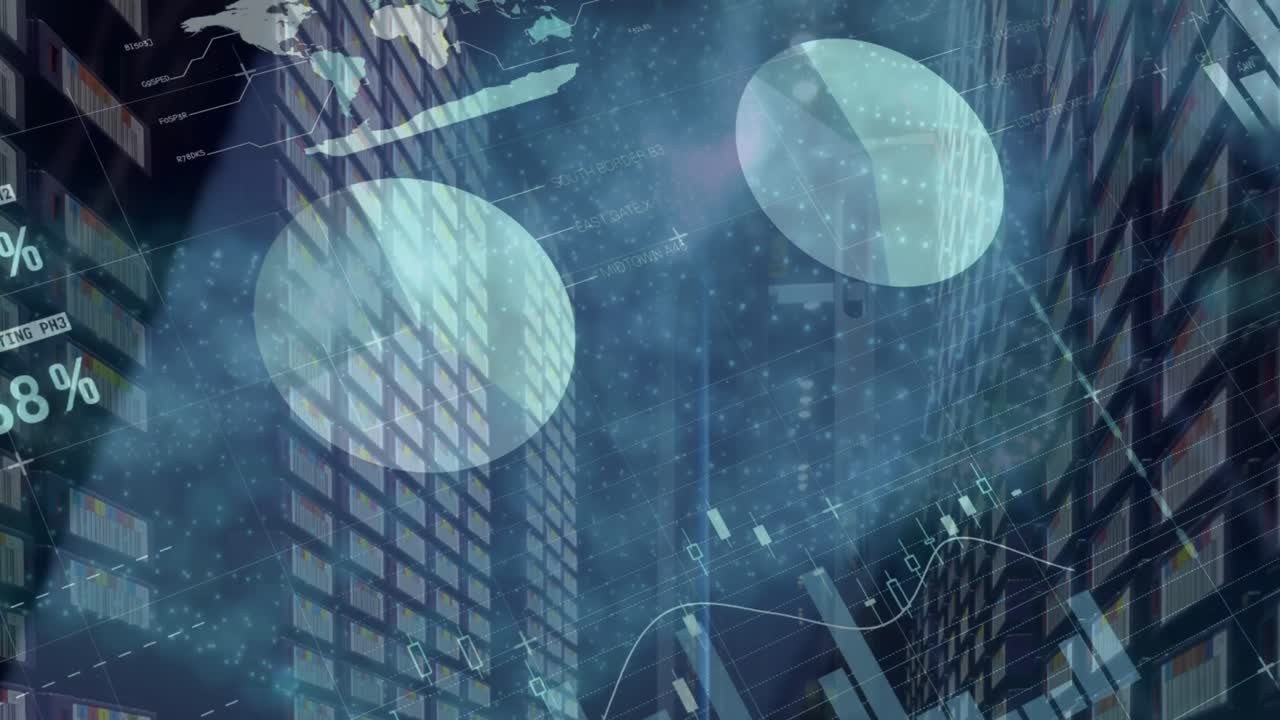 높은 건물을 배경으로 통계 데이터 처리의 애니메이션