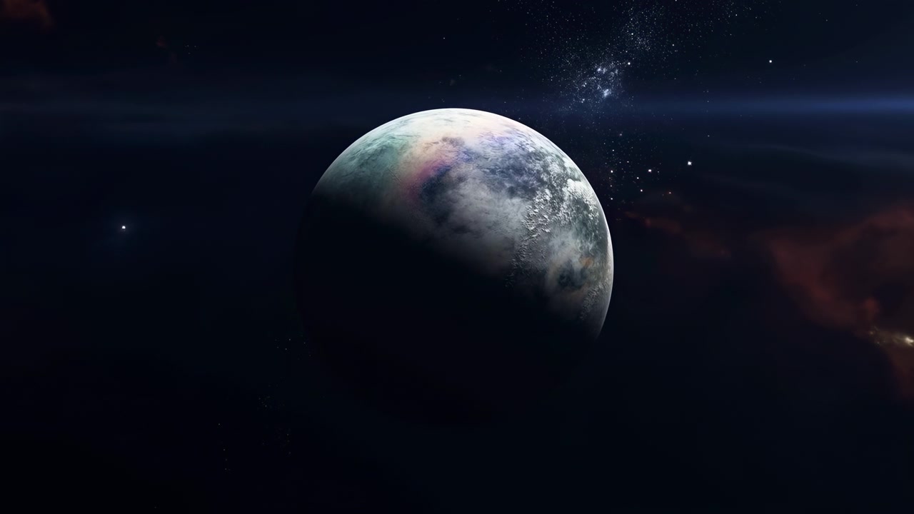 Stor iskold planet driver gennem dybt rum, oplyst fra øverste højre med buet skygge hen over nederste venstre, afslører ru overfladedetaljer, subtil glød, pastelfarver og fjerne stjerner, med planet, rum