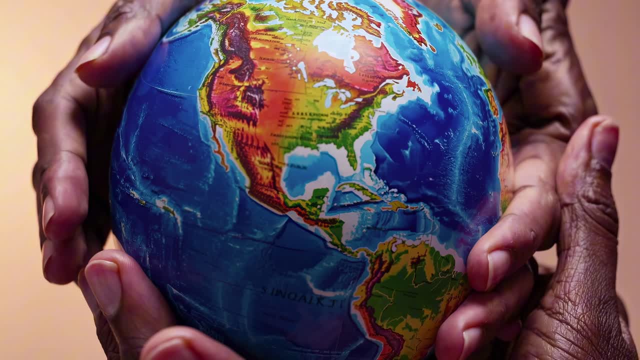 Close-up video of diverse hands holding a globe, symbolizing unity and global connection