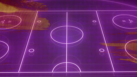 animation of neon purple hockey rink with abstract orange shapes overlaying