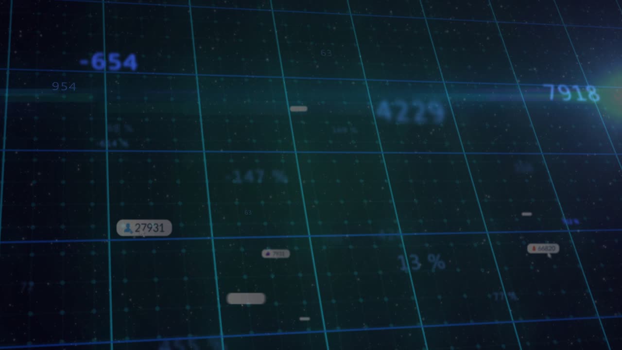 Faint numbers appearing, data badges populating, drifting across teal 3D grid visualizing metrics