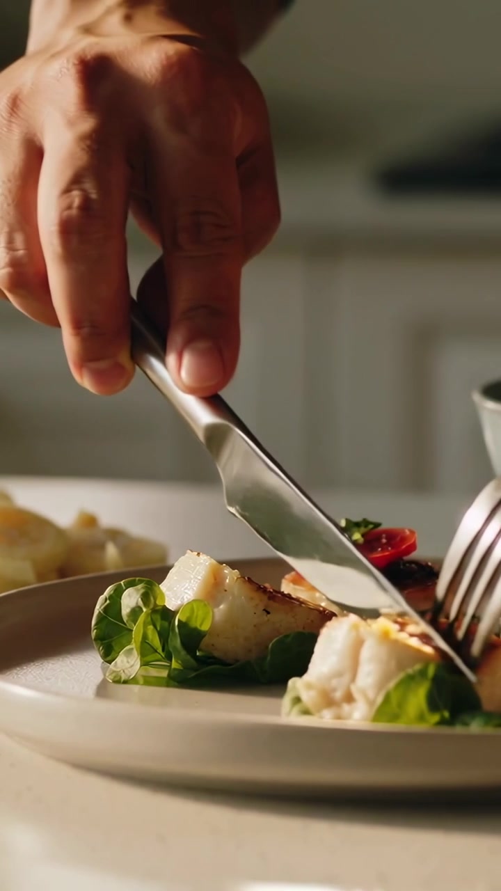 Vertical video: Cutting entering hand holding scallop on counter with fork and knife for eating