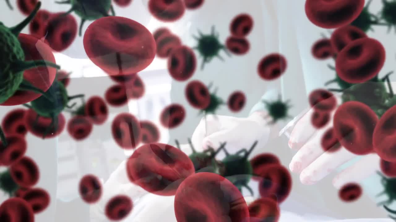 코로나 19와 적혈구가 외과의사 위에 떠다니는 애니메이션