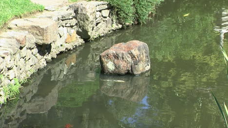 a decorative rock stands in a pond with koi swimming by it