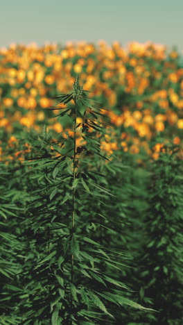 hemp plants growing in a sunflower field