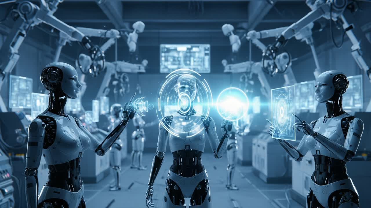 Advanced Robotics: A Futuristic Showcase of Intelligent Machines Interacting with Holographic Interfaces in a High-Tech Environment