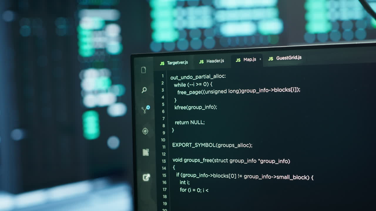 Close up of code running on PC display in high tech data center
