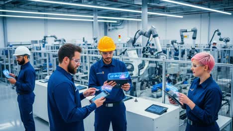 collaborative engineers inspect advanced robotics in high-tech production facility with focus on innovation and automation for future manufacturing efficiency