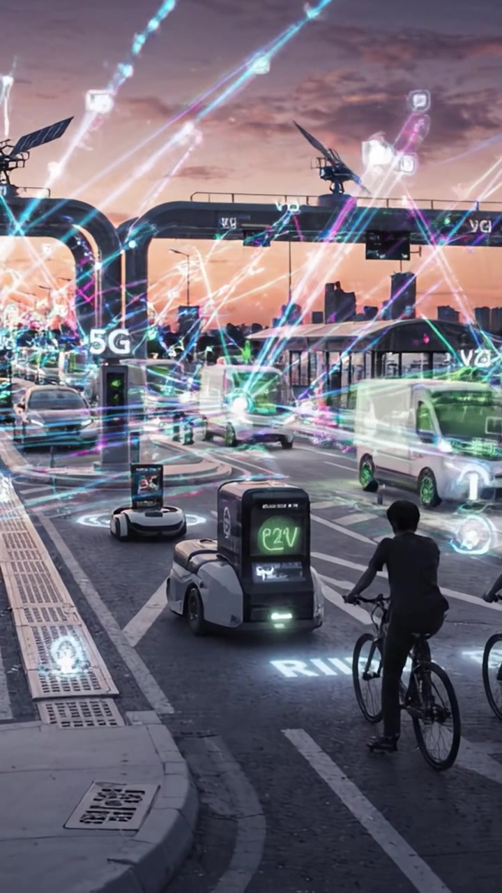 Futuristic Urban Transportation Scene Featuring Autonomous Delivery Robots and Smart Technology Integration at Sunset in a Modern Cityscape