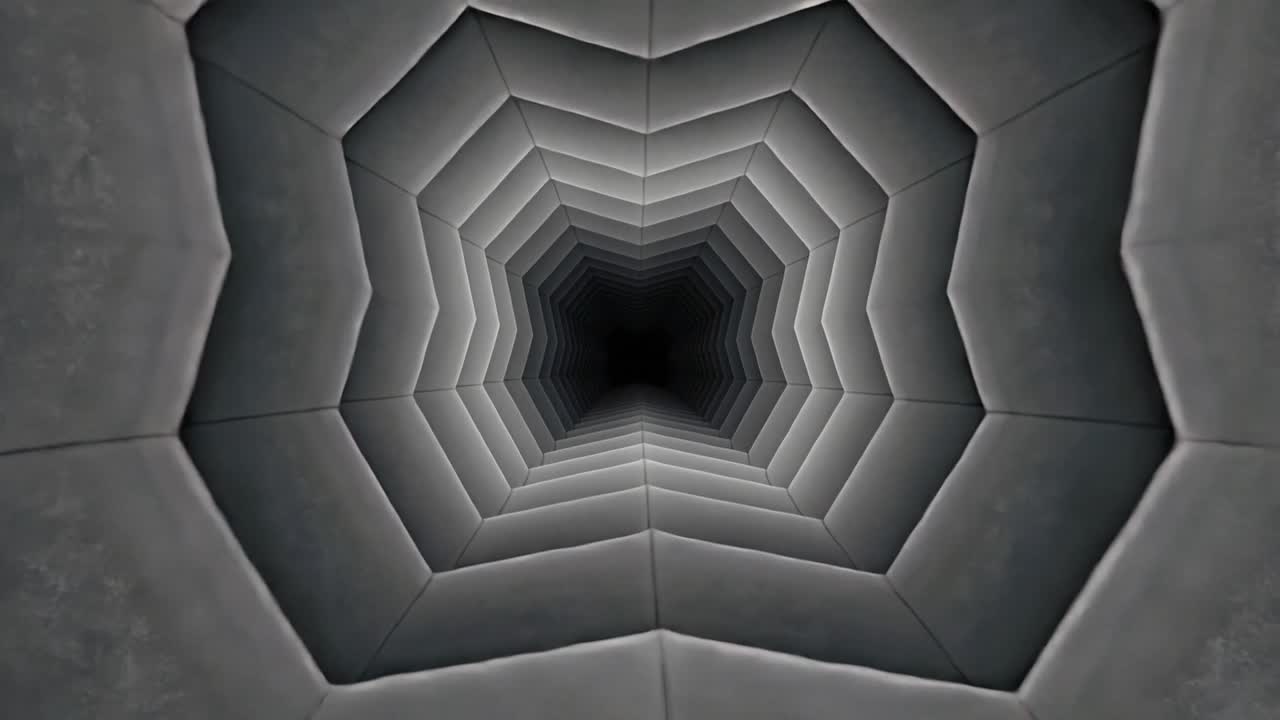 Camera starting gliding into concentric polygon shaft showing beveled layered panels central void