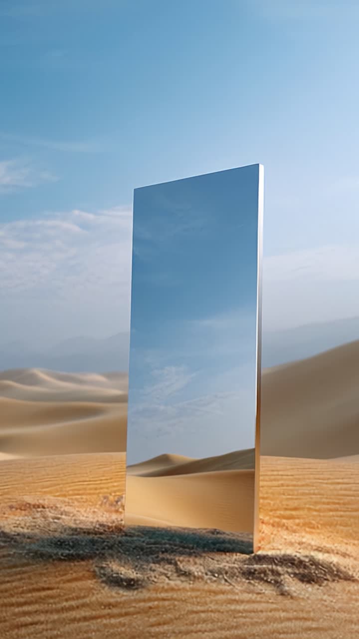 Una Riflessione Mozzafiato: Uno Specchio Verticale Solitario su Sabbie Dorate Sotto un Cielo Sereno, Che Crea un'Illusione di Infinito in un Pittoresco Paesaggio Desertico