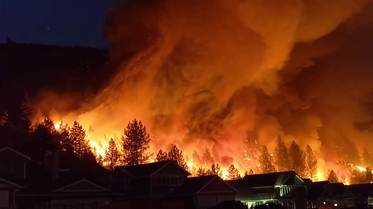 Massive Forest Fire Burning Near Residential Neighborhood at Night