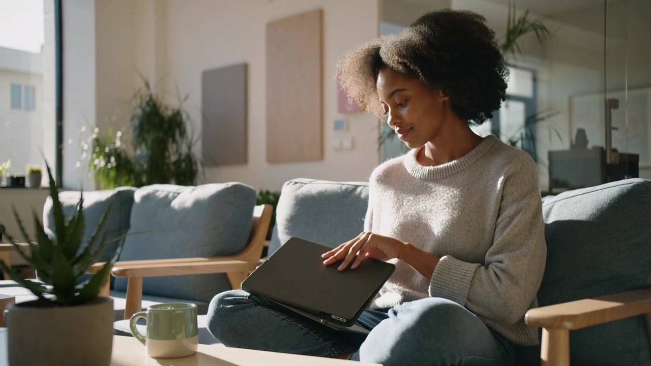 Lifting convertible tablet, woman in light sweater and jeans adjusting device on sofa, studying