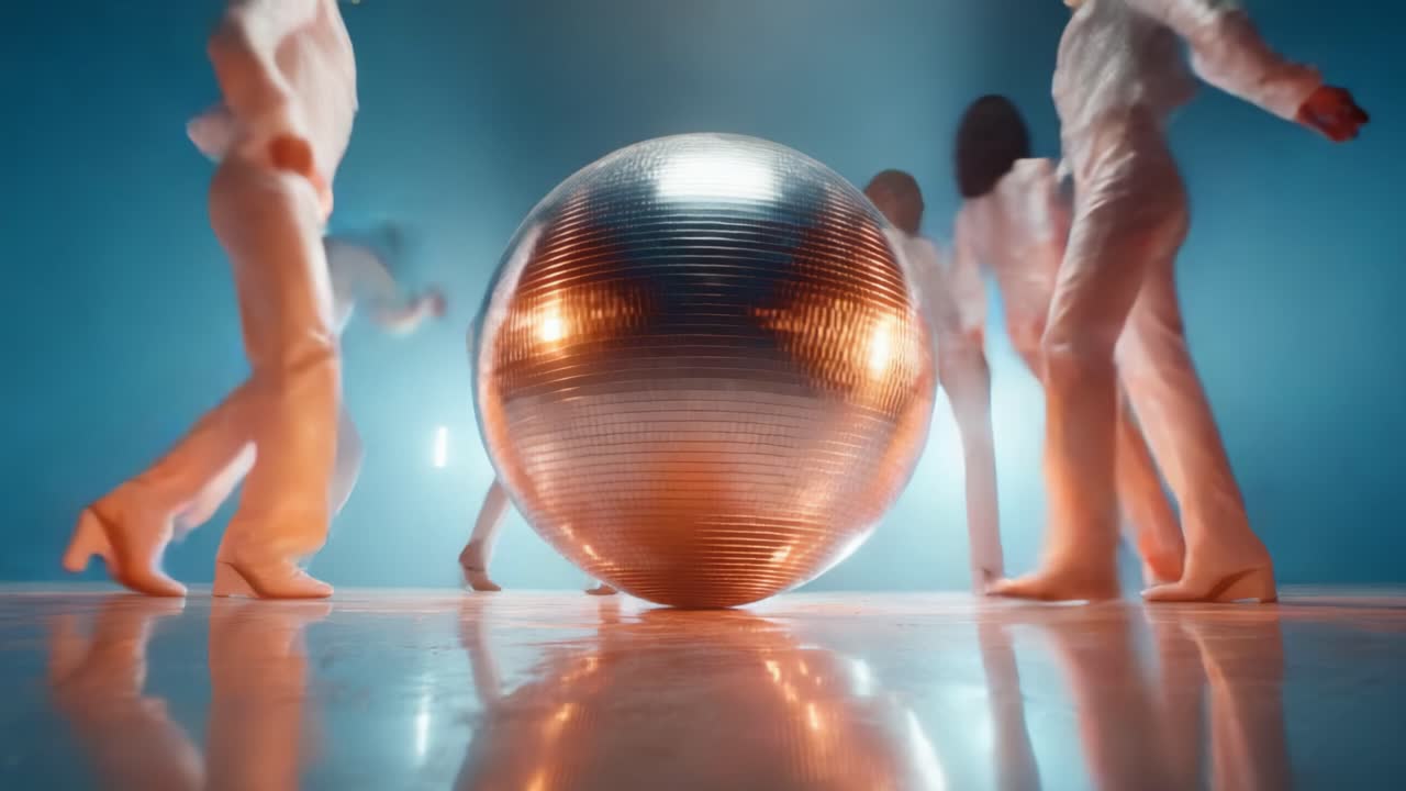 Dynamisk danseoptræden omkring en funklende diskokugle, der fanger den energiske atmosfære i scenen med levende belysning og elegante kostumer af talentfulde performere