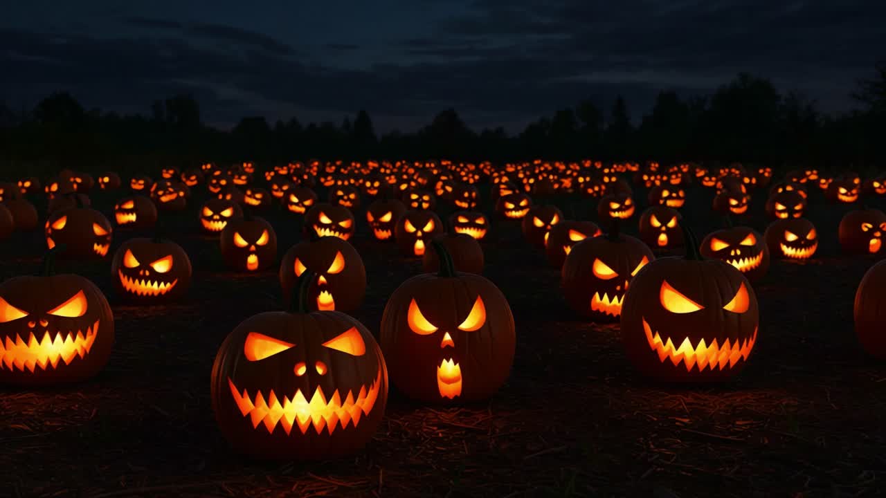 A Haunting Scene of Illuminated Jack-o'-Lanterns in a Spooktacular Pumpkin Patch Under the Twilit Sky, Capturing the Essence of Halloween Festivities and Witching Hour Gloom
