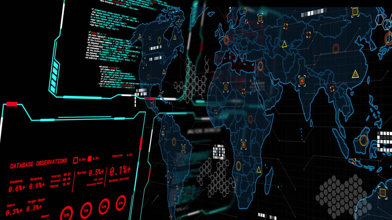 Animation of digital data processing over screens and world map on black background