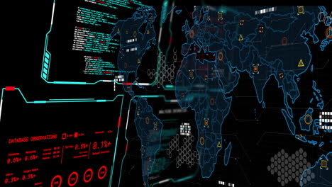 animation of digital data processing over screens and world map on black background