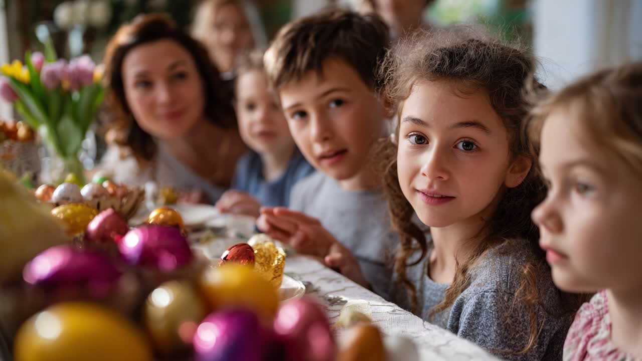 Joyful Gathering of Children and Adults Celebrating Together with Colorful Easter Eggs at a Festive Table Surrounded by Beautiful Spring Decorations