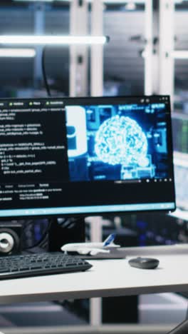 vertical video admin entering data center office, reviews ai diagnostics on computer