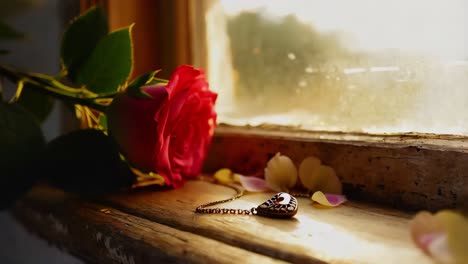 romantic rose and pendant by the window