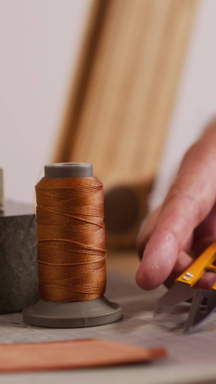 Tailor cuts waxed thread with small scissors for leather materials in workshop closeup. Production of handmade items. Manual manufacture