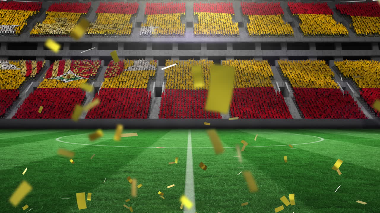 스포츠 경기장에서 스페인  ⁇ 발 위로 떨어지는 금색 콘페티의 애니메이션