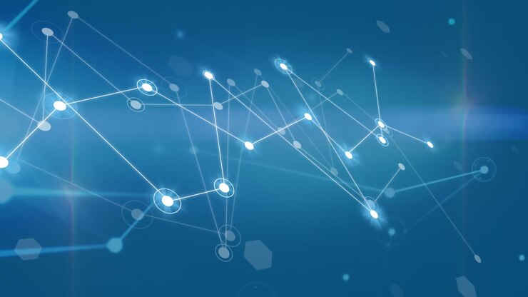 Animation of connecting dots, network of connections and light trails against blue background