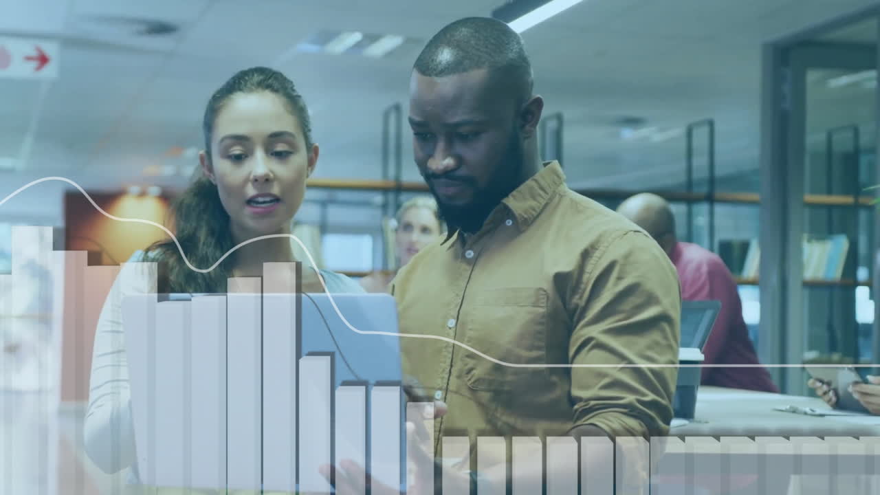 Animation of financial data processing over diverse business people in office