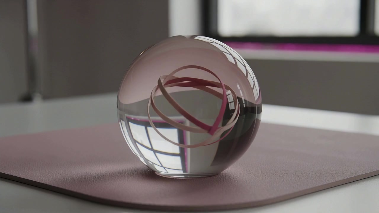 Rotazione di cavi interni all'interno di una sfera di cristallo che si districano in anelli su un tappetino rosa, riflesso della finestra