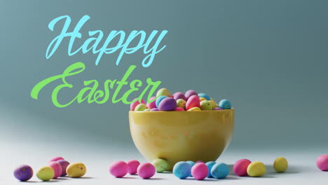 Animation-of-happy-easter-text-over-colourful-easter-eggs-in-bowl-on-blue-background