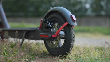 neumático trasero de un scooter eléctrico estacionado en un terreno cubierto de hierba