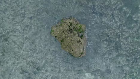 Top Down Slow Motion Drone View of Waves crashing over shallow coral reef and big rock in Uluwatu Bali Indonesia