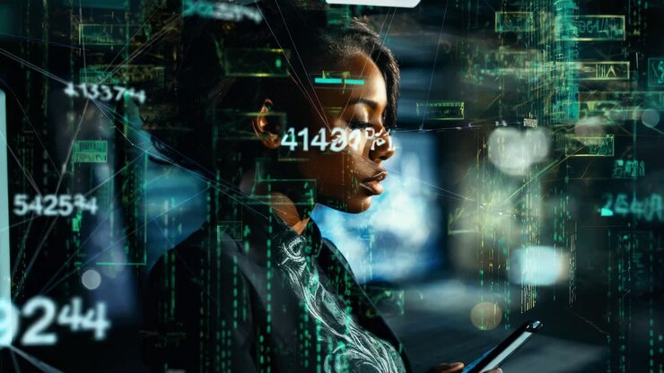 Side profile of a woman with digital graphics overlay, suggesting a futuristic tech theme