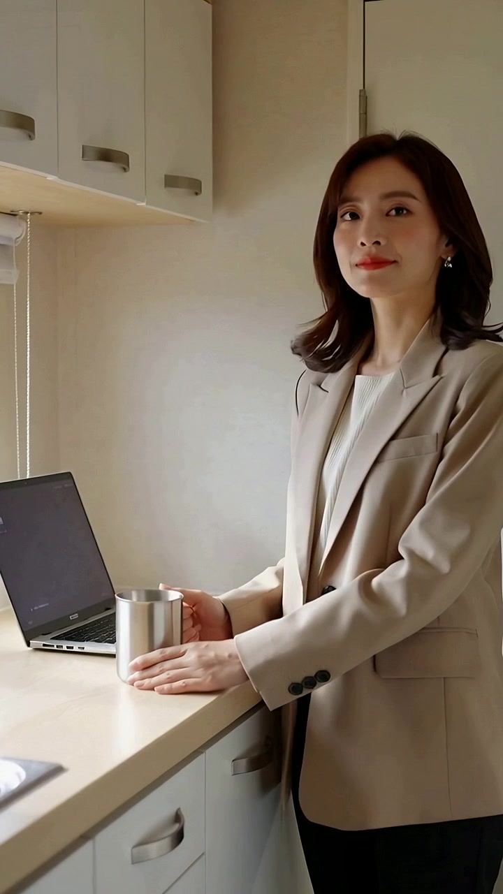 Video dọc: Người phụ nữ mặc áo blazer màu be bước vào, lấy cốc trong bếp, chuẩn bị laptop, có không gian để chữ