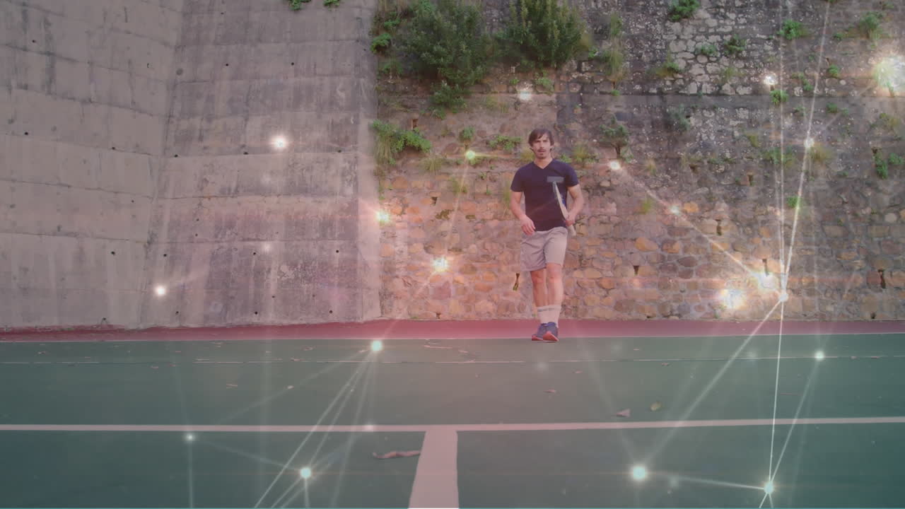 animación de la red de conexiones sobre el jugador de tenis masculino en la cancha de tenis