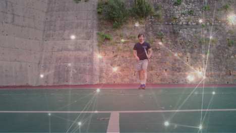 animación de la red de conexiones sobre el jugador de tenis masculino en la cancha de tenis