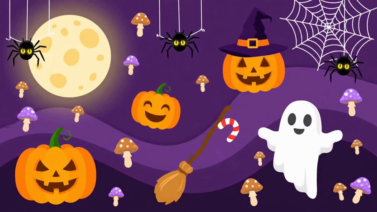 Uno sfondo di Halloween a cartoni animati divertente e spettrale con vari personaggi