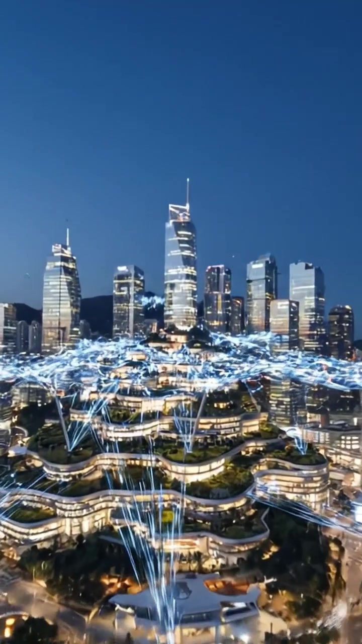 Spectacular Aerial Views of Futuristic Skyscrapers at Dusk with a Drone Capturing Stunning Light Trails and Cityscapes Reflecting Urban Innovation and Energy